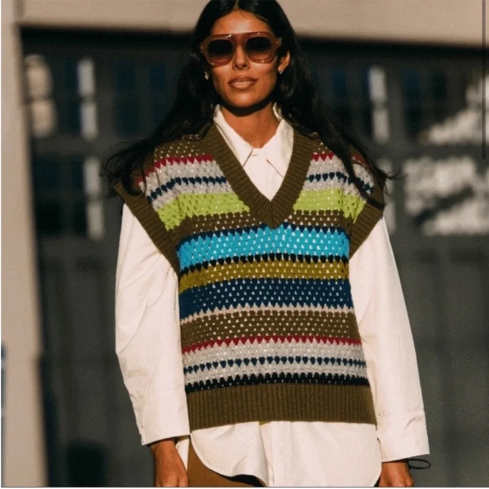Baum Un Pferdgarten Striped Multicolor open Knit Sweater Vest - Olive Trim - Picture 2 of 6